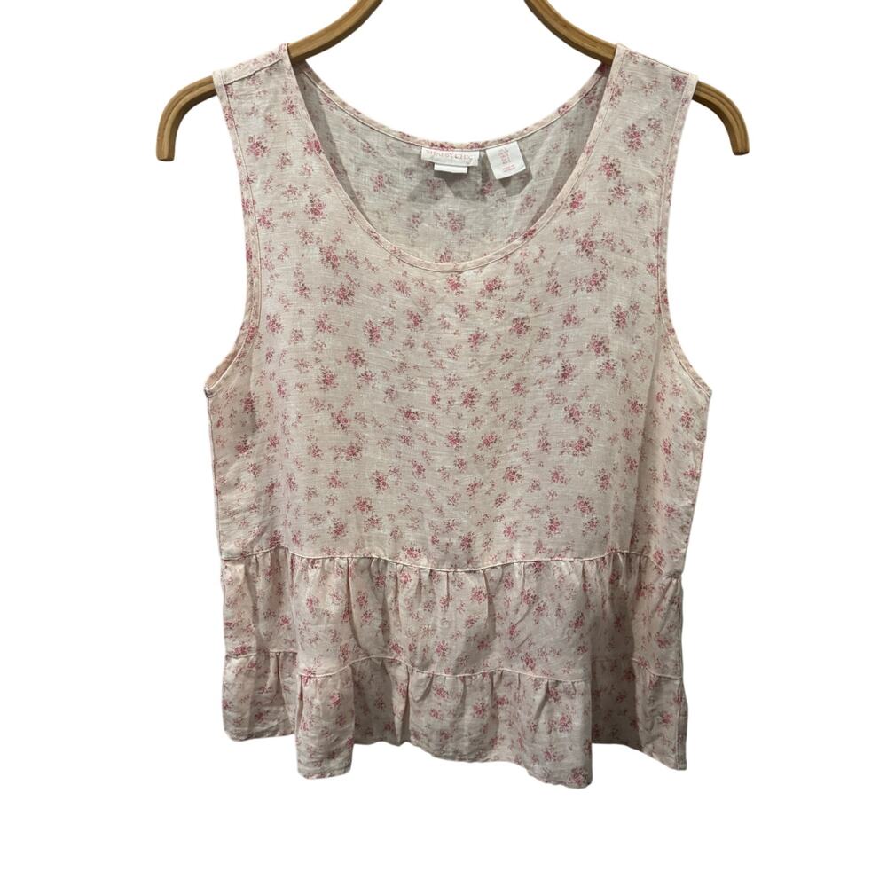 Shabby Chic Ruffled Floral Cottage Linen Sleeveless Blouse Small